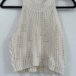 Zara Cream Knit Sleeveless Top with Pearl Detailing